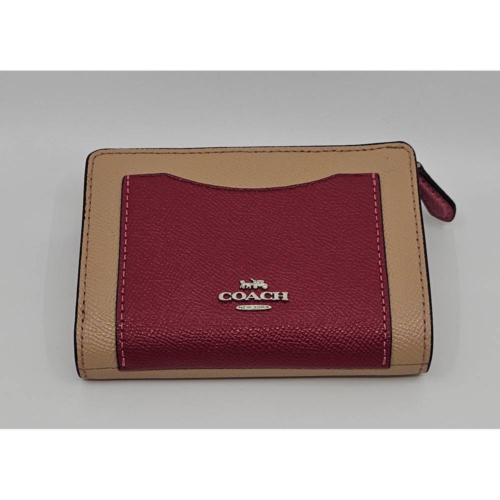 Coach Medium Corner Zip Wallet Colorblock Leather Taupe Berry Bifold